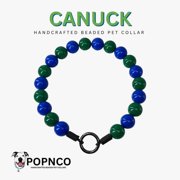 Handcrafted Beaded Dog Collar - Canuck - Blue and Green - Canucks Fan - Picture 2 of 15